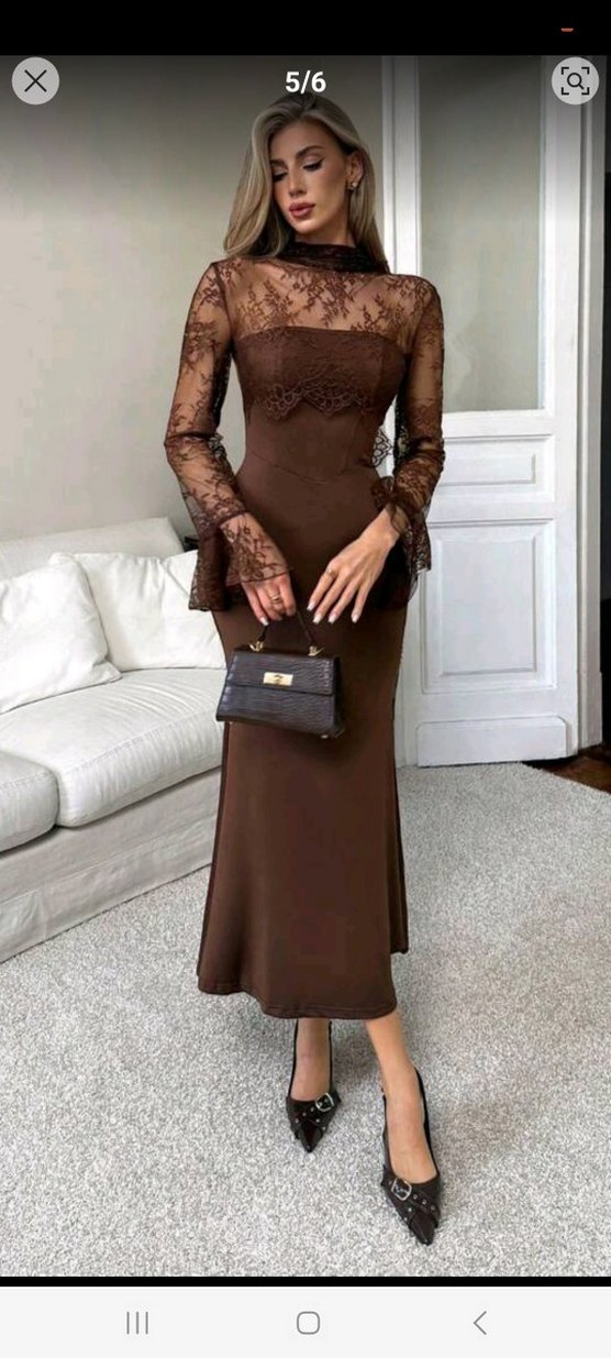 Kahverengi Transparan Uzun Kollu Uzun Elbise - Görsel 5