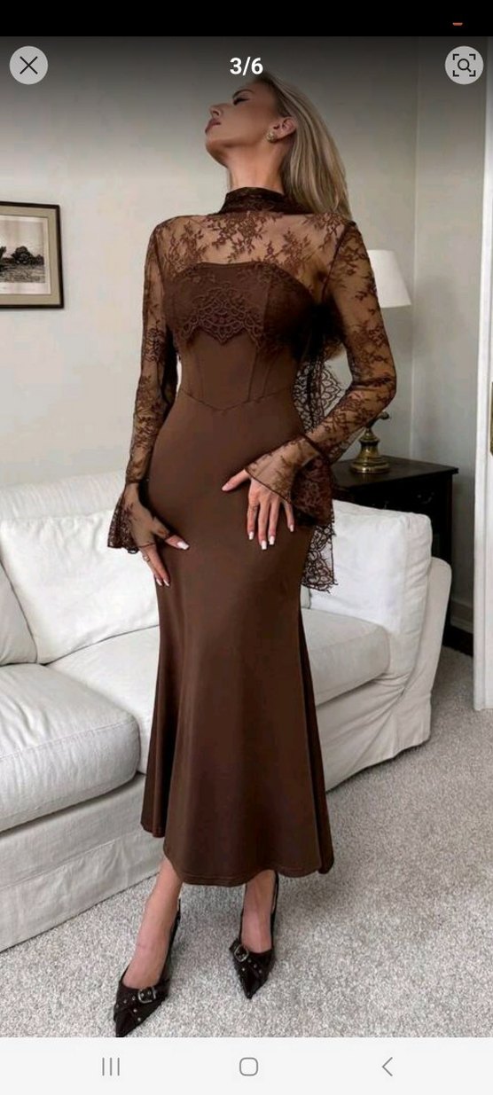 Kahverengi Transparan Uzun Kollu Uzun Elbise - Görsel 4