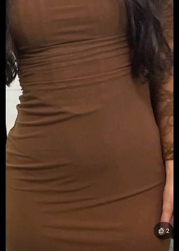 Dantelli Uzun Kollu Straplez Kahverengi Elbise - Görsel 7