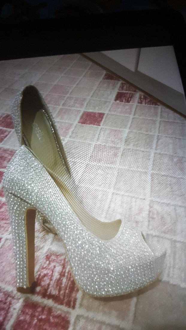 Beyaz Payetli Yüksek Topuklu Kadın Abiye Ayakkabı - Görsel 3