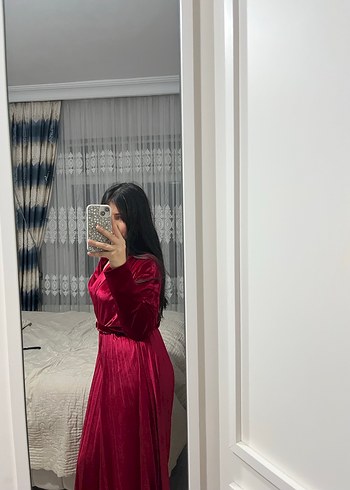 Kırmızı Uzun Drapeli Kadın Elbise - Görsel 2