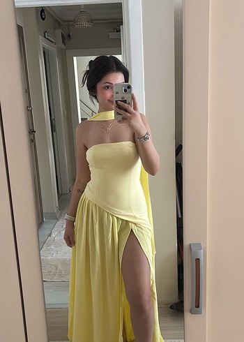 Diğer Pastel Sari Straplez Maxi Elbise