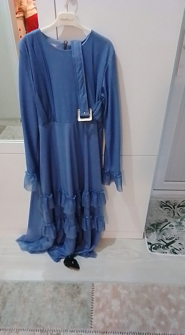 Uzun Kollu Mavi Volanlı Bohem Elbise şalida mevcuttur - Görsel 2