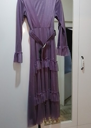 Uzun Kollu Mor Vintage Abiye Elbise - Görsel 3