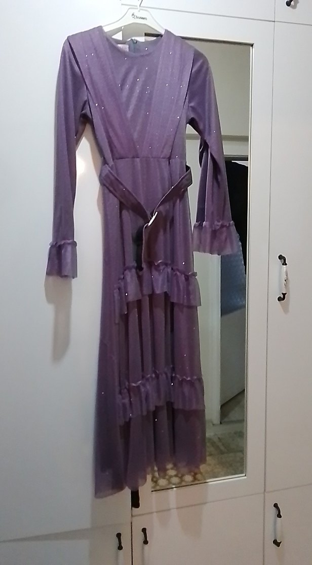 Uzun Kollu Mor Vintage Abiye Elbise - Görsel 3