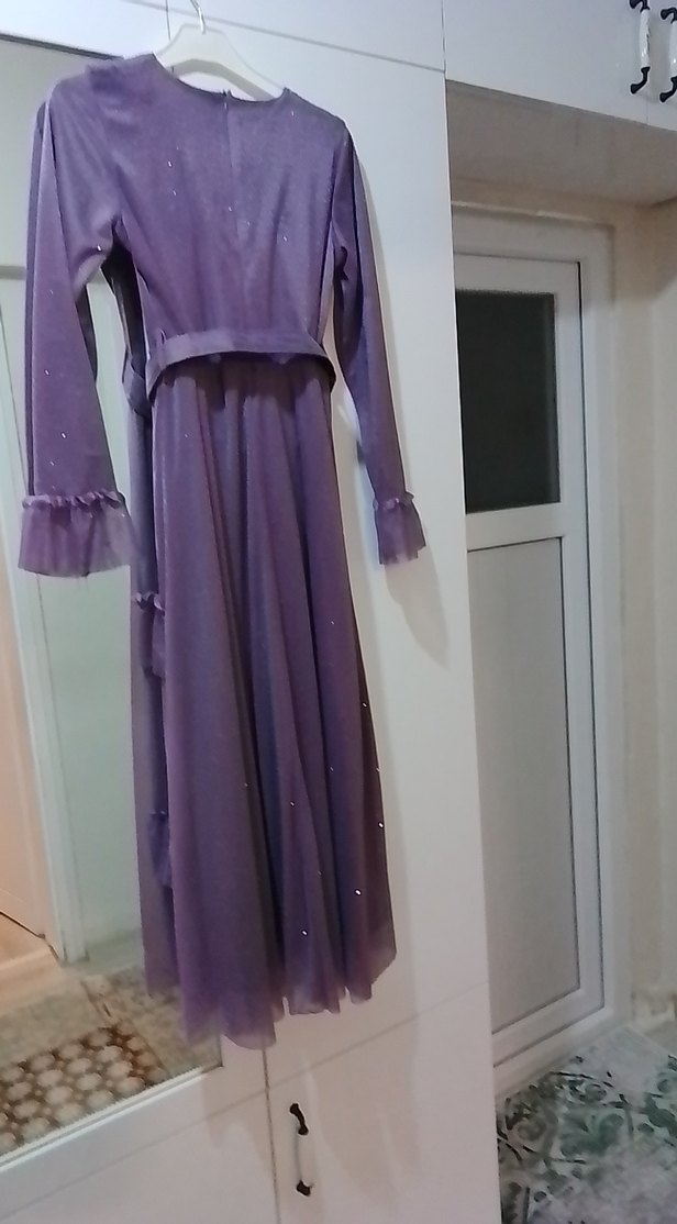 Uzun Kollu Mor Vintage Abiye Elbise - Görsel 2