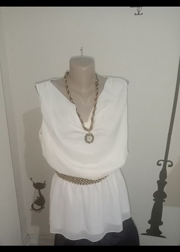 Kemerli Beyaz Mini Bohem Elbise-Bluz - Görsel 3