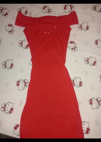 Kırmızı Madonna Yaka Mini Elbise - Görsel 3