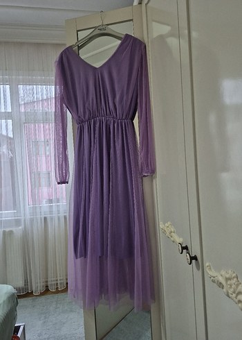 Lila V Yakalı Uzun Bohem Elbise - Görsel 2