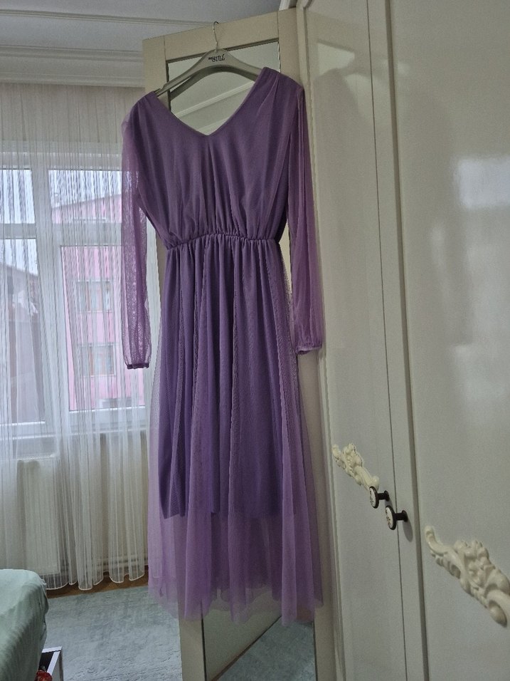 Lila V Yakalı Uzun Bohem Elbise - Görsel 2