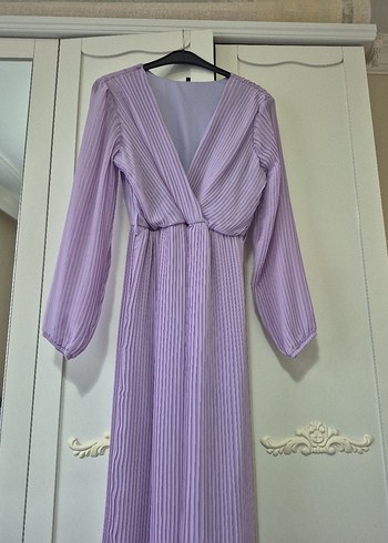 Pastel Mor Pilili Uzun Kollu V Yaka Elbise - Görsel 3