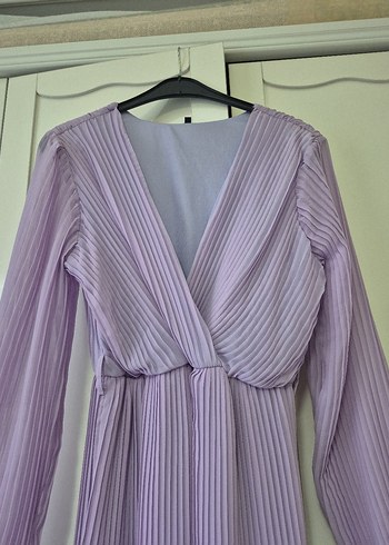 Pastel Mor Pilili Uzun Kollu V Yaka Elbise - Görsel 2