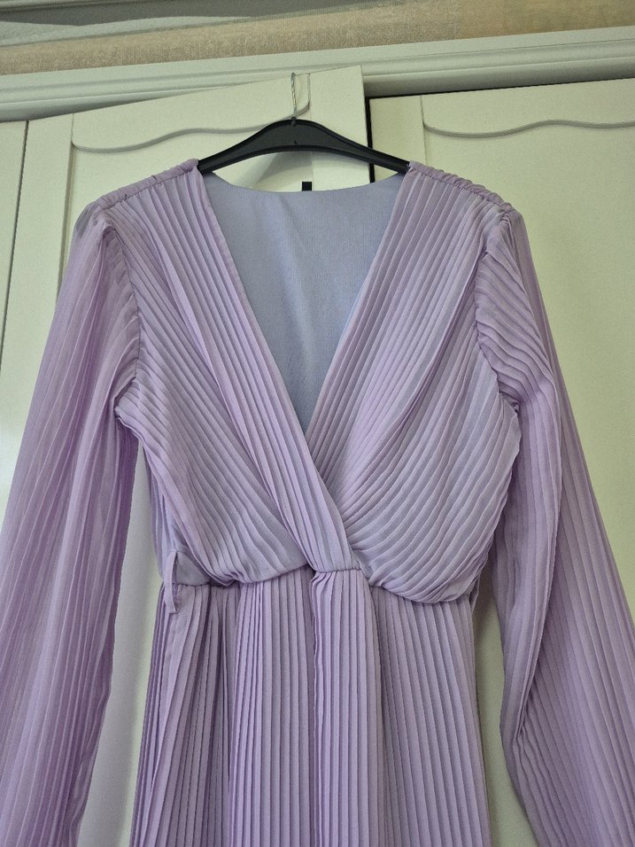 Pastel Mor Pilili Uzun Kollu V Yaka Elbise - Görsel 2