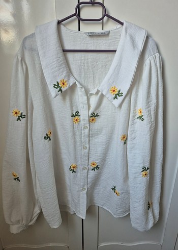 Nakışlı Beyaz Keten Kadın Gömlek - Görsel 2