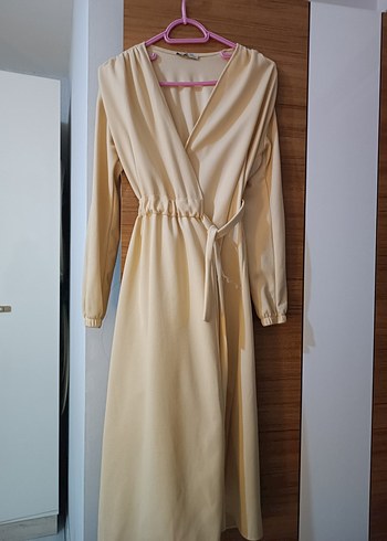 Bej Uzun Kollu V Yakalı Kadın Elbise - Görsel 2