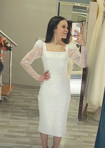 Dantel Detaylı Uzun Kollu Beyaz Nişan Elbisesi - Görsel 3