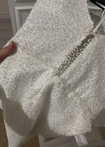 Dantel Detaylı Uzun Kollu Beyaz Nişan Elbisesi - Görsel 6