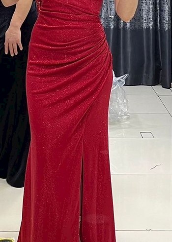 Kırmızı Parlak V Yakalı Uzun Kadın Henna Elbise - Görsel 2