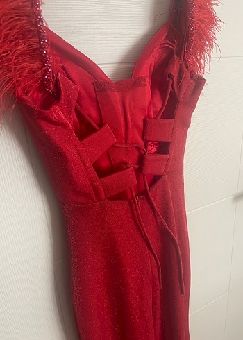 Kırmızı Parlak V Yakalı Uzun Kadın Henna Elbise - Görsel 5