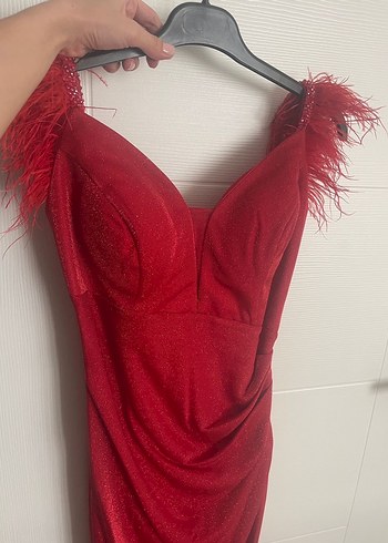 Kırmızı Parlak V Yakalı Uzun Kadın Henna Elbise - Görsel 7