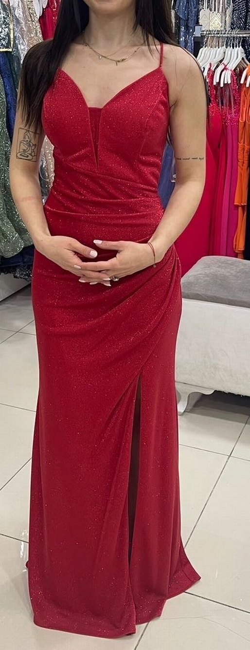 Kırmızı Parlak V Yakalı Uzun Kadın Henna Elbise - Görsel 3