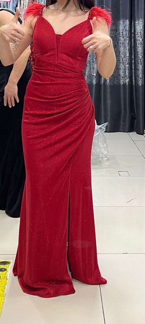 Kırmızı Parlak V Yakalı Uzun Kadın Henna Elbise - Görsel 2