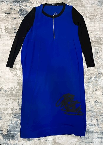 Uzun Triko Kollu, Fermuarlı Saks Mavisi Elbise - Görsel 2