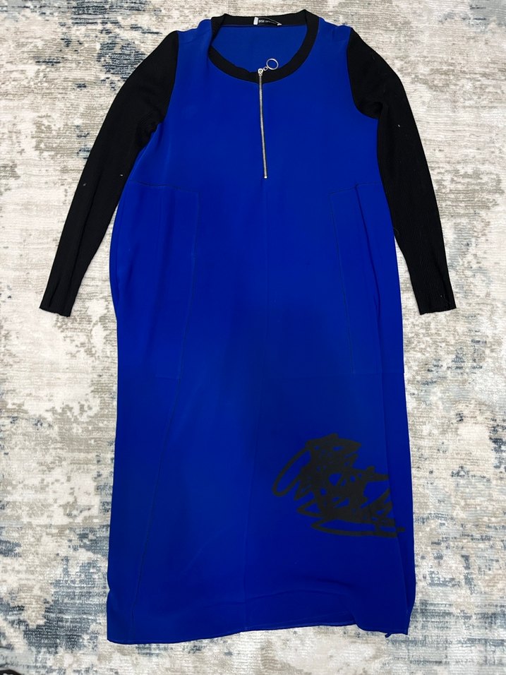 Uzun Triko Kollu, Fermuarlı Saks Mavisi Elbise - Görsel 2