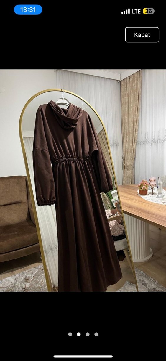 Uzun Kollu Koyu Kahverengi Elbise - Görsel 3