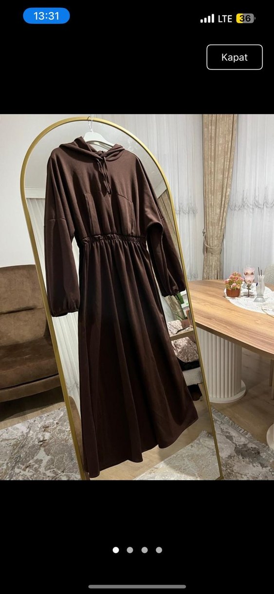 Uzun Kollu Koyu Kahverengi Elbise - Görsel 2