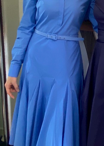 Mavi Pilili Uzun Kollu Kadın Elbise - Görsel 4