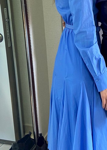 Mavi Pilili Uzun Kollu Kadın Elbise - Görsel 5