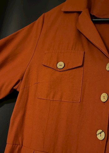 Düğmeli Kiremit rengiKeten Uzun Elbise - Görsel 2