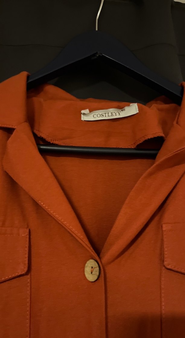 Düğmeli Kiremit rengiKeten Uzun Elbise - Görsel 3