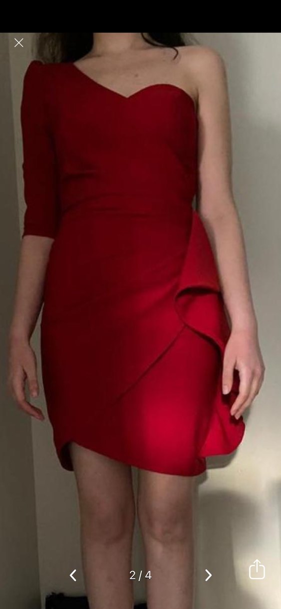 Kırmızı Drapeli Mini Straplez Abiye Elbise tek kollu - Görsel 2