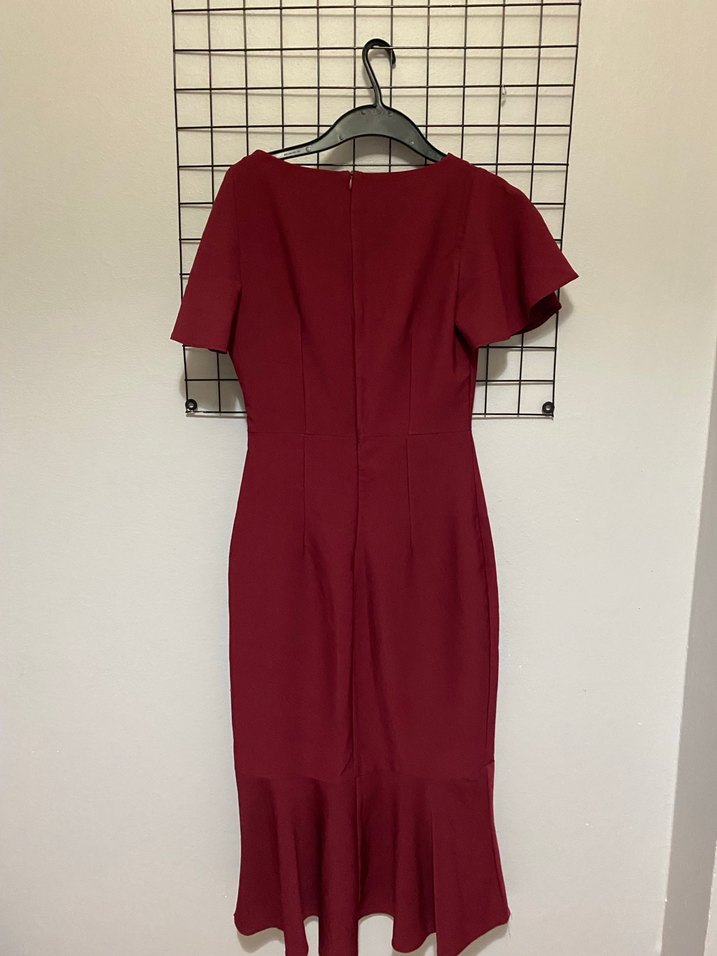 Bordo Kısa Kollu Midi Elbise - Görsel 3