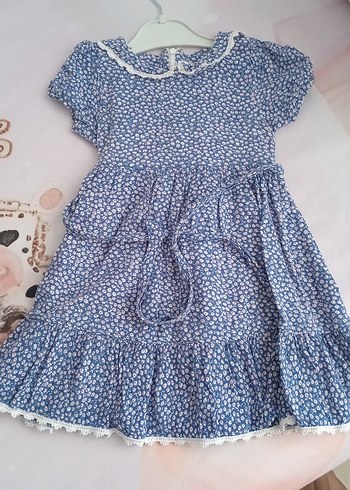 Kız Çocuk Mavi Pamuklu Fırfırlı Elbise - Görsel 3