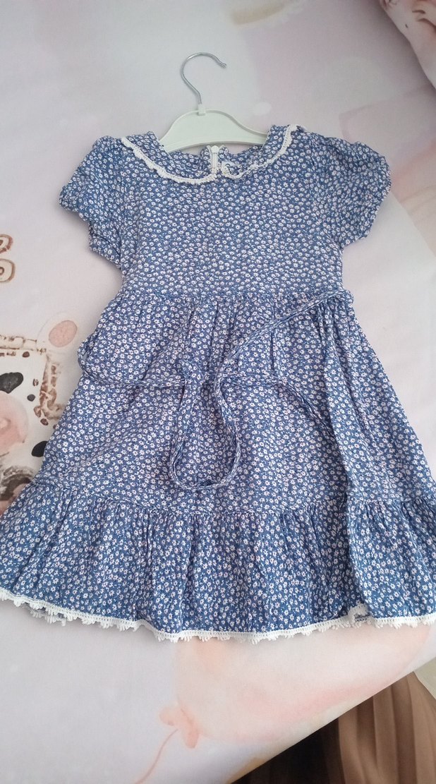 Kız Çocuk Mavi Pamuklu Fırfırlı Elbise - Görsel 3