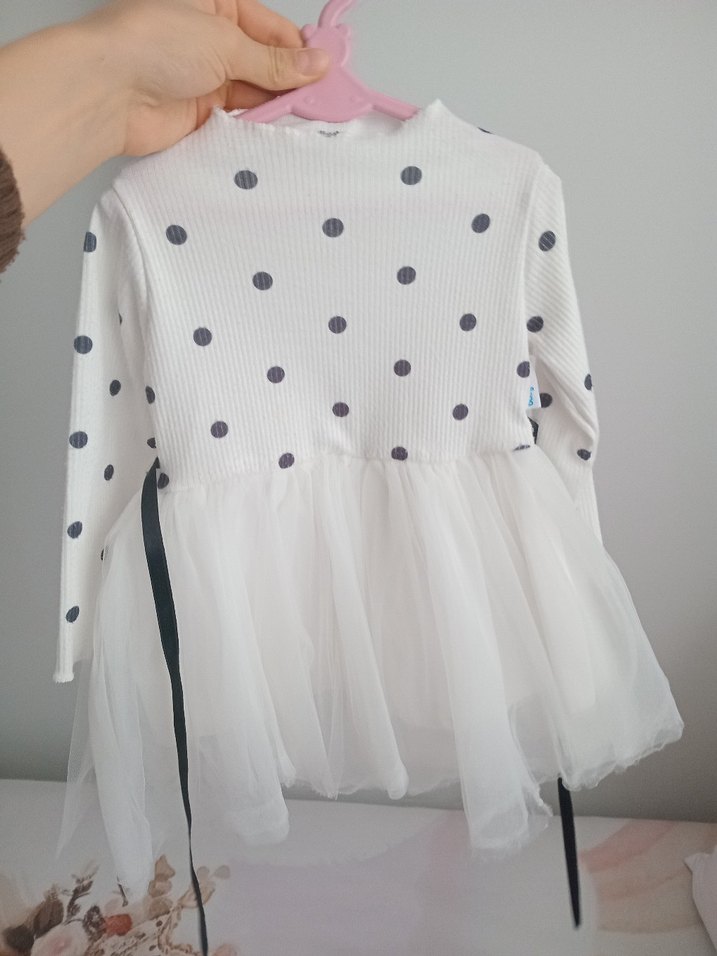 Puantiye Desenli Beyaz Kız Çocuk Elbise - Görsel 4