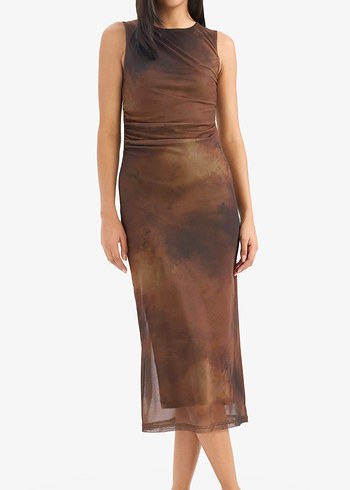 Kahverengi Midi Drapeli Elbise - Görsel 2