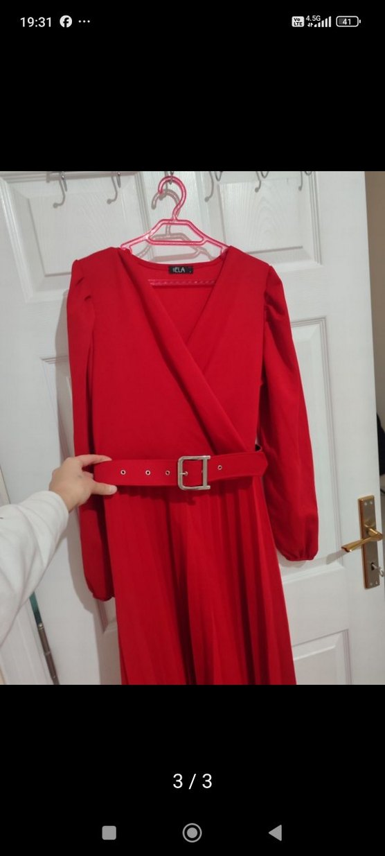 Kırmızı Uzun Kollu Kemerli Elbise - Görsel 2