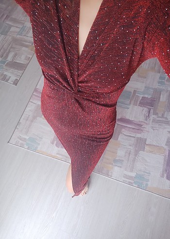 Bordo Parlak Uzun Kollu V Yaka Elbise - Görsel 4