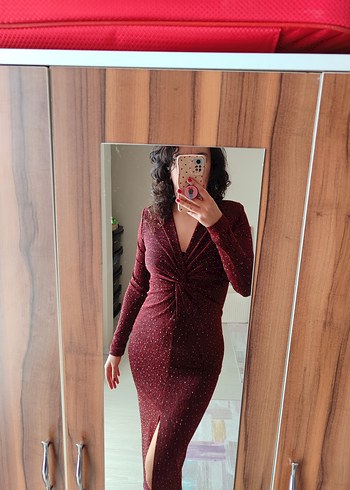 Bordo Parlak Uzun Kollu V Yaka Elbise - Görsel 3