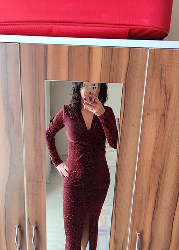 Bordo Parlak Uzun Kollu V Yaka Elbise - Görsel 2