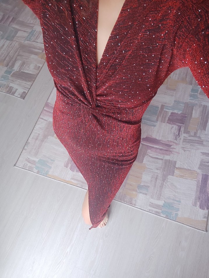 Bordo Parlak Uzun Kollu V Yaka Elbise - Görsel 4