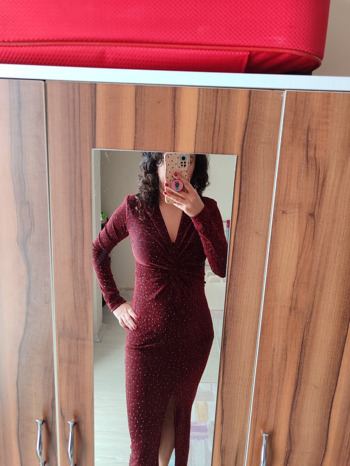 Bordo Parlak Uzun Kollu V Yaka Elbise - Görsel 2