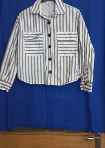 Gri Çizgili Uzun Kollu Kadın Gömlek - Görsel 2