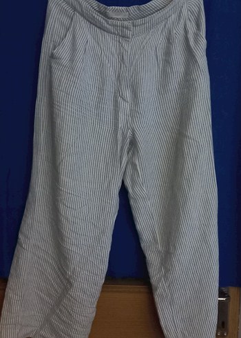 MNG Mavi Çizgili Kadın Keten Pantolon - Görsel 3