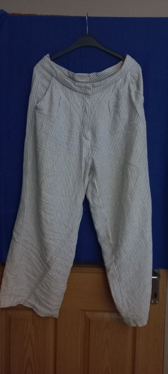 MNG Mavi Çizgili Kadın Keten Pantolon - Görsel 3