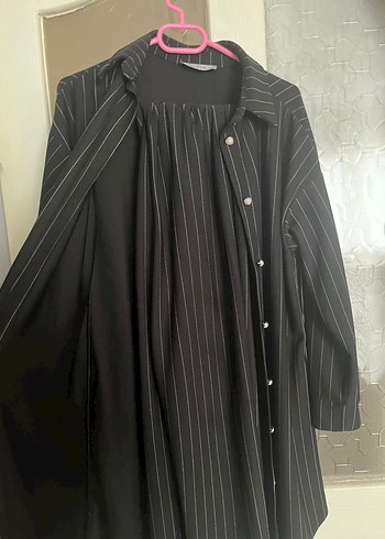 Kadın Siyah Çizgili Uzun Ceket - Görsel 3